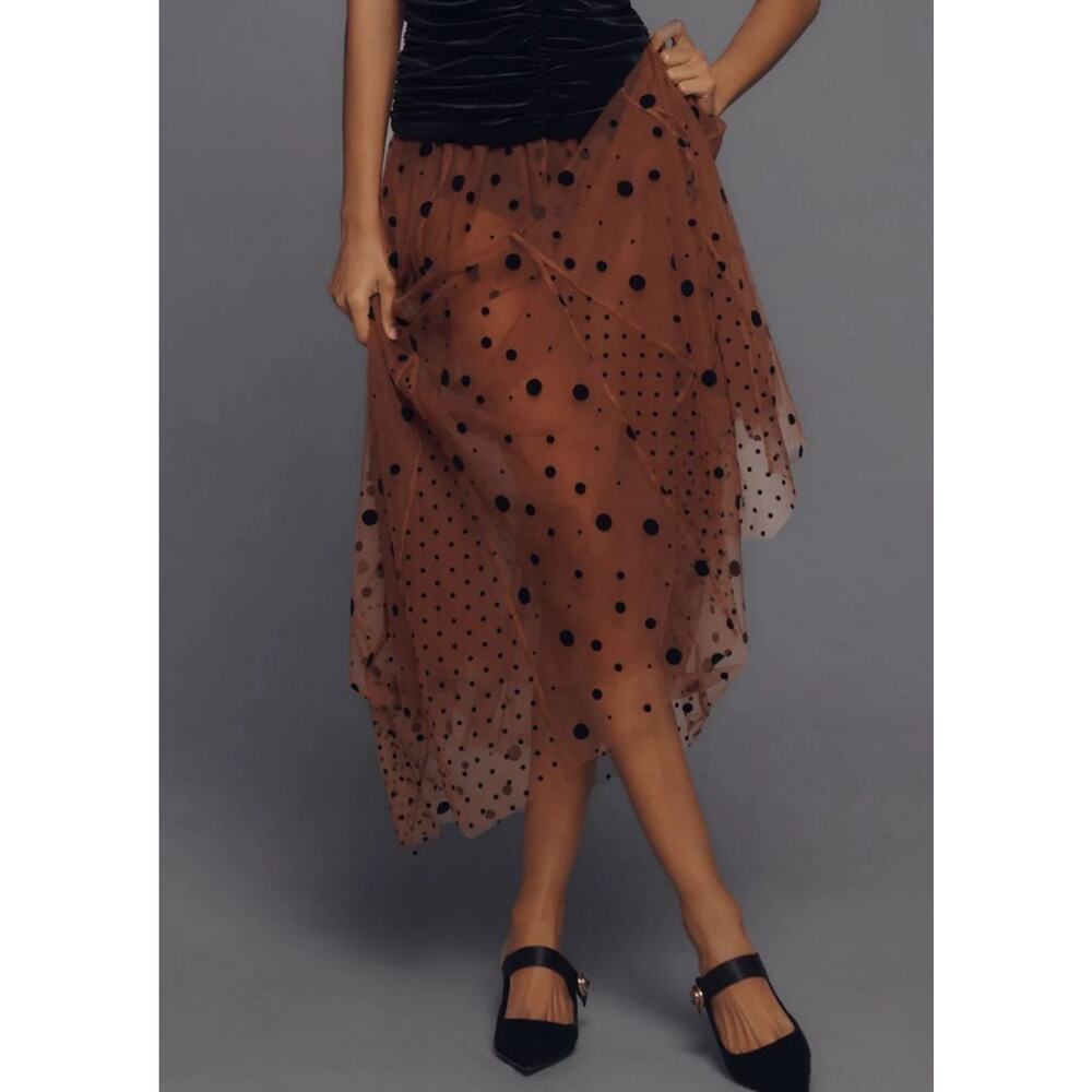 Maeve Brown Sheer Polka Dot Midi Skirt